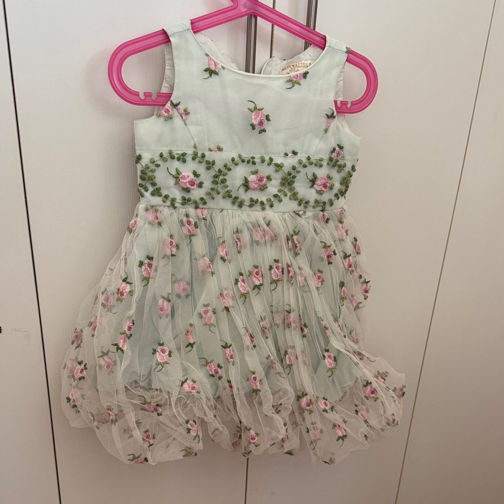 MonnaLisa Green and Pink Floral Kids Dress